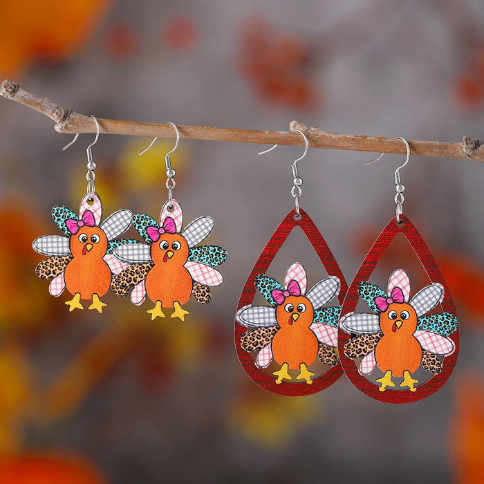 Wholesale Harvest Thanksgiving Cute Turkey Water Drop Hollow Pendant Earrings Wooden Double-Sided Earrings