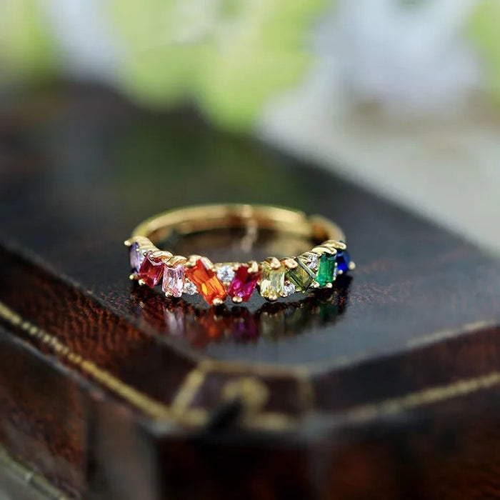 Wholesale Zircon personalized micro inlaid ring, light luxury inlaid fashionable rainbow ring