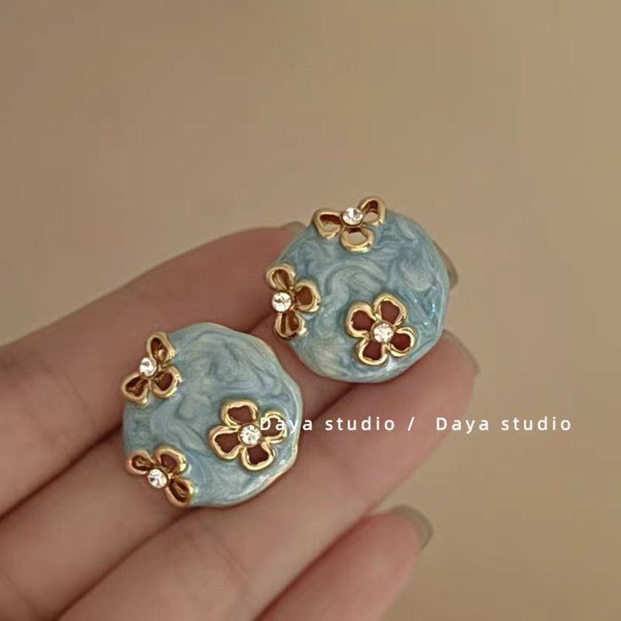 Wholesale Retro oil dripping zircon flower earrings with a light luxury temperament, high-end feel, and niche earrings
