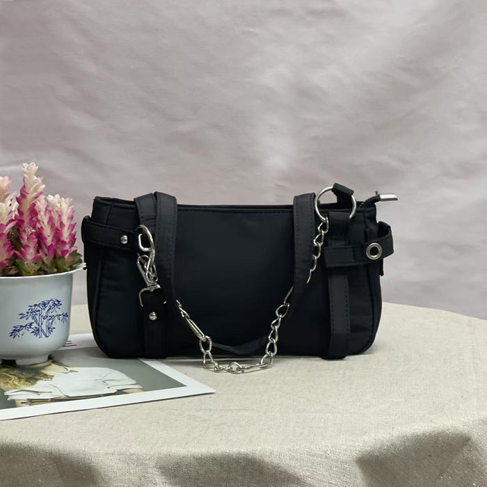 Wholesale Cowboy canvas PU motorcycle bag with round ring chain nylon shoulder bag, hand-held armpit women's bag