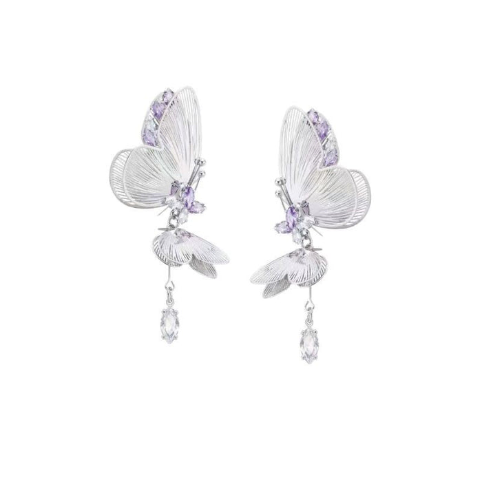 Wholesale Sparkling diamond dynamic hollow butterfly tassel earrings, light luxury temperament, high-end feeling, niche earrings, exaggerated earrings