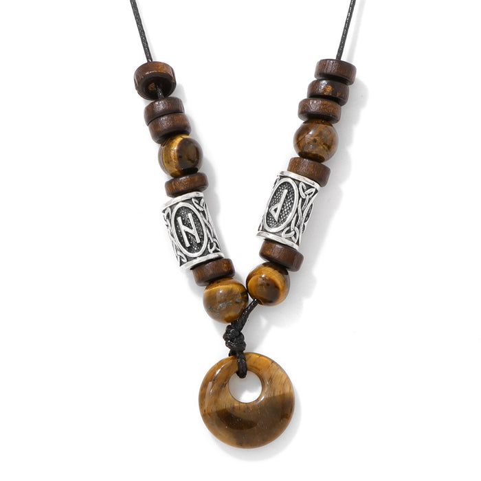 Wholesale Viking symbol necklace with stone pendant safety clasp and wooden beads