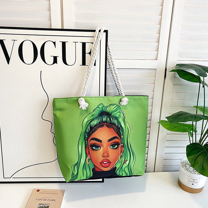 Wholesale Outdoor practical versatile retro canvas bag cartoon print portable beach bag large capacity