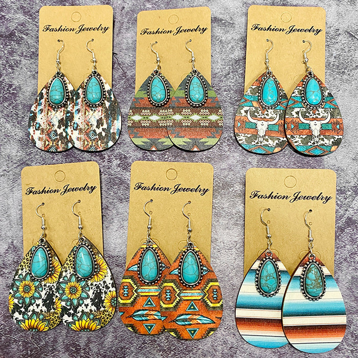 Wholesale Wooden earrings with vintage Aztec pattern water droplet earrings and classic patchwork earrings