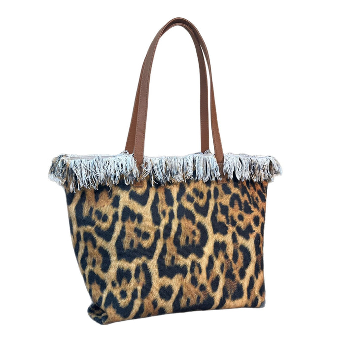 Wholesale New tassel leopard print shoulder bag, large capacity, versatile, fashionable with zipper bag, beach bag, women's tote bag