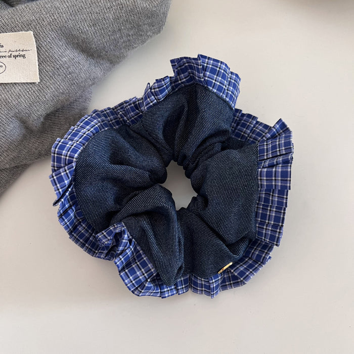 Wholesale A niche retro blue checkered bow square scarf with a low ponytail style, headband, headband, and hair accessories