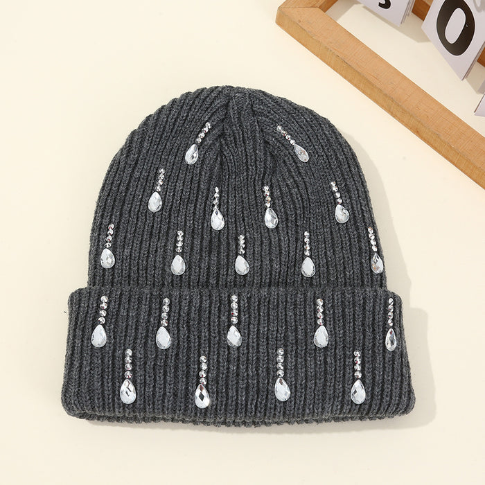 Wholesale Pearl sparkling diamond knitted hat,  double-layer outdoor warm woolen hat
