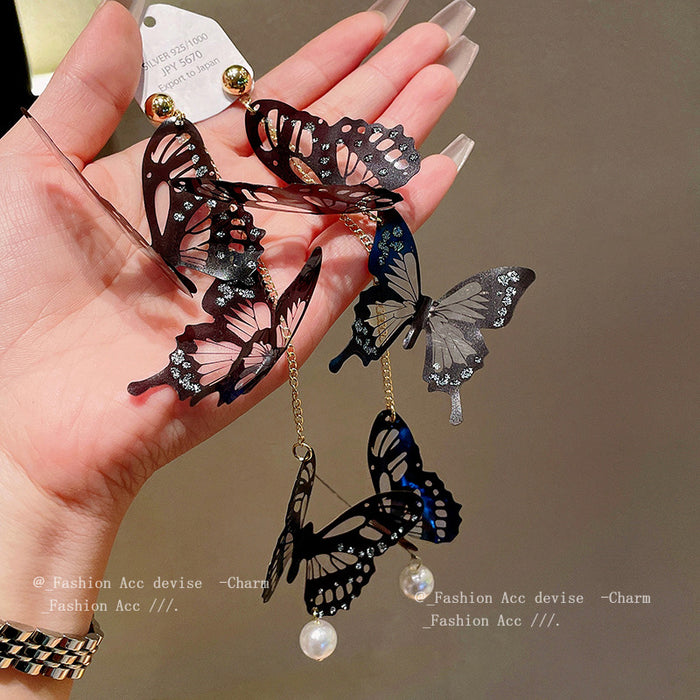 Wholesale Silver Needles Acrylic Butterfly Pearl Long Tassel Earrings JDC-ES-HuiHe008