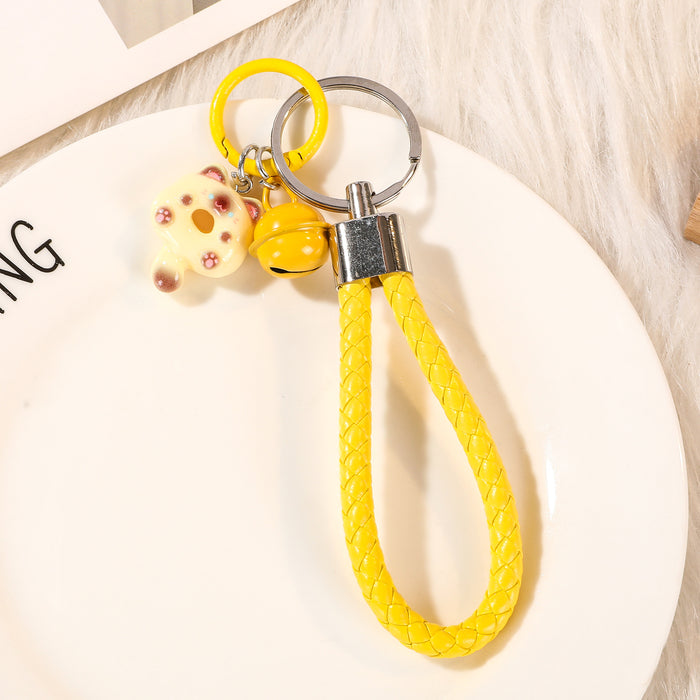 Wholesale Cute Cat Keychain With Resin Donut And Bell Pink Leather Rope Bag Charm And Car Key Accessory