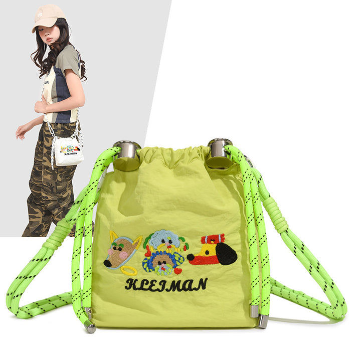 Wholesale Embroidered cartoon niche bucket bag, new versatile nylon cloth shoulder crossbody bag, mobile phone bag