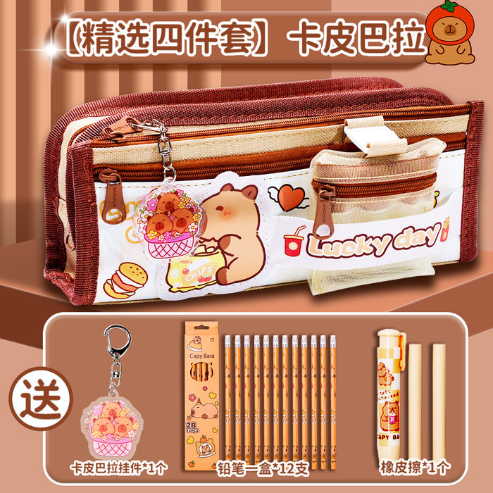 Wholesale Canvas Pencil Case for Girls Large Capacity Double Layer Casual School Gift