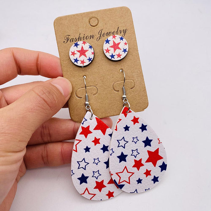 Wholesale New Independence Day Earrings Earring Set with American Flag Round Heart Five Pointed Star Sunflower Leather Earrings JDC-ES-YaChen002