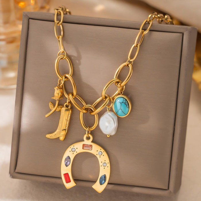 Wholesale Vintage Stainless Steel Gold-Plated Turquoise Necklace