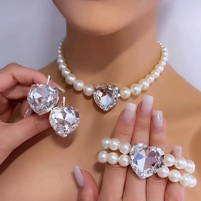 Wholesale Pearl Heart Shaped Glass Diamond Earrings Necklace Combination Set JDC-ES-JL207