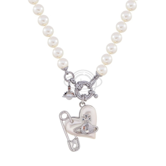 Wholesale Resin crooked heart-shaped pin, pearl necklace, light luxury temperament