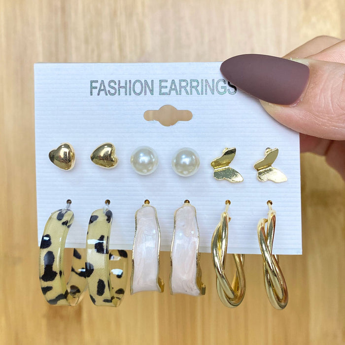Wholesale 6-piece geometric pearl and diamond statement earring set