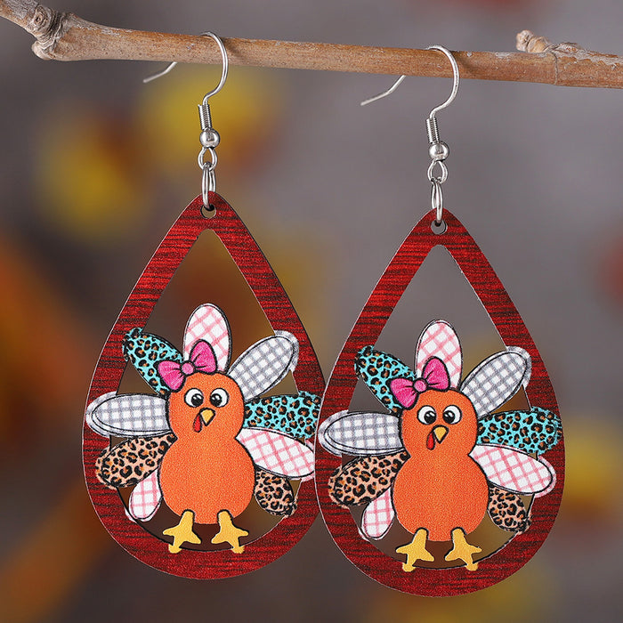 Wholesale Harvest Thanksgiving Cute Turkey Water Drop Hollow Pendant Earrings Wooden Double-Sided Earrings