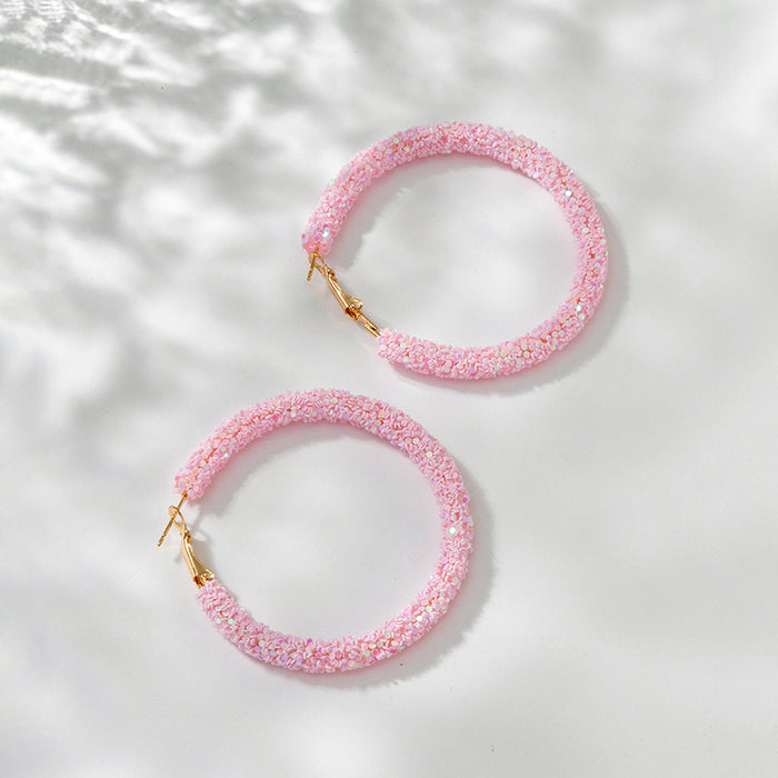 Wholesale Candy-colored shiny rice bead large hoop earrings for women,  sweet earrings