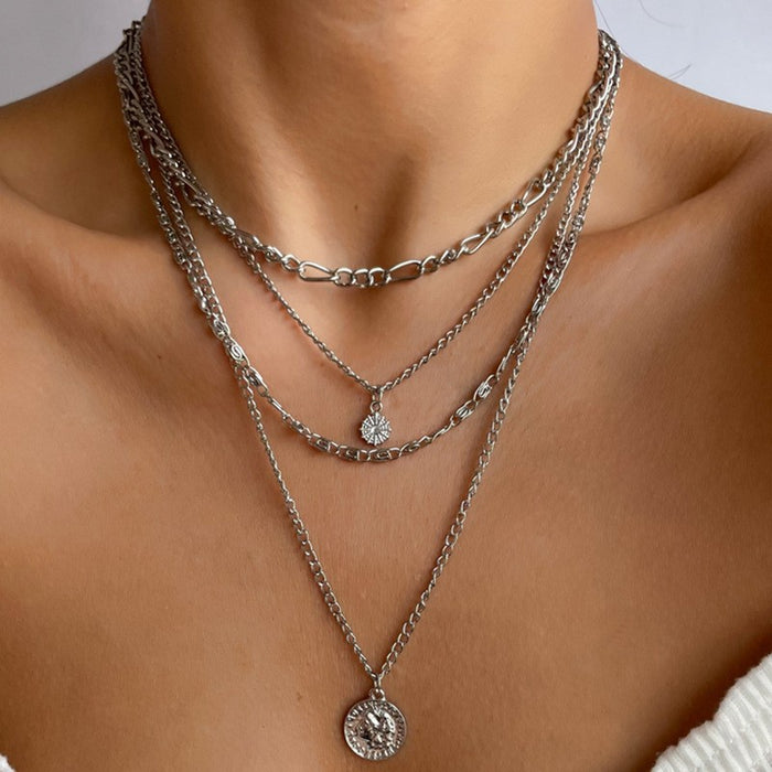Wholesale New minimalist and fashionable diamond studded square brand sun decoration multi-layer necklace alloy collarbone chain for women