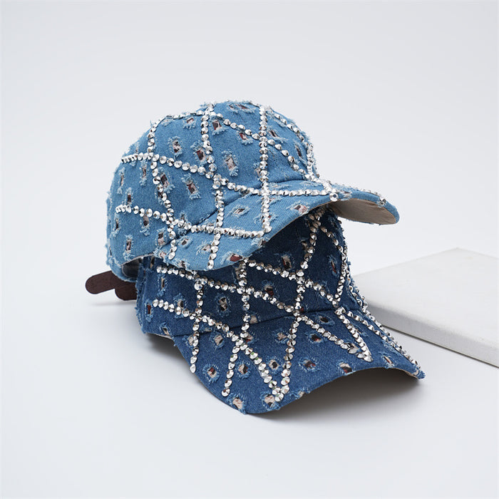 Wholesale Broken hole washed denim cap, dot diamond baseball cap, retro duckbill cap