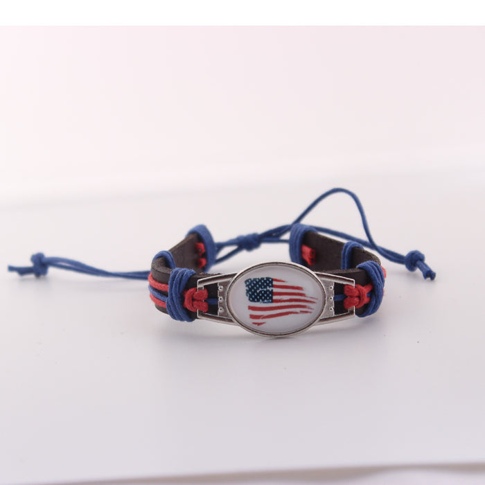 Wholesale Flag genuine leather woven bracelet with adjustable DIY zinc alloy red, white, and blue bracelet