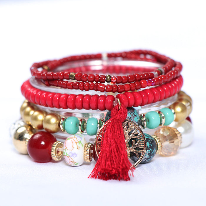 Wholesale Bohemian Tree of Life Tassel Multilayer Rice Bead Bracelet JDC-BT-NHong014