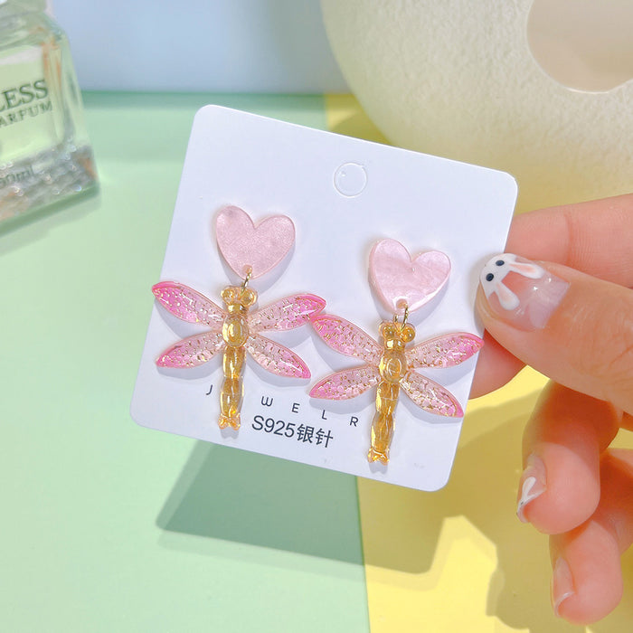 Wholesale Dragonfly Heart Acrylic   Silver Needle Earrings JDC-ES-PinHeng003