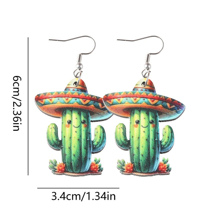 Wholesale Mexico Fifth Festival of the Dead Straw Hat Funny Cactus Pendant Earrings Wooden Double-sided Earrings