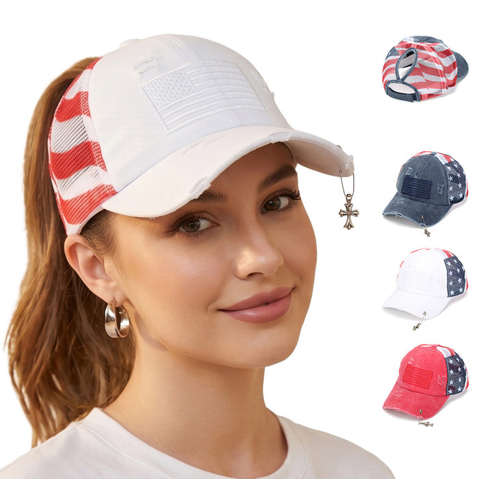 Wholesale Retro American Flag Trucker Cap with Cross Pendant,  Stylish Baseball Hat for Summer