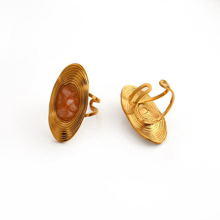 Wholesale Vintage exquisite high-end stainless steel oval earrings set with natural stone earrings and ring set