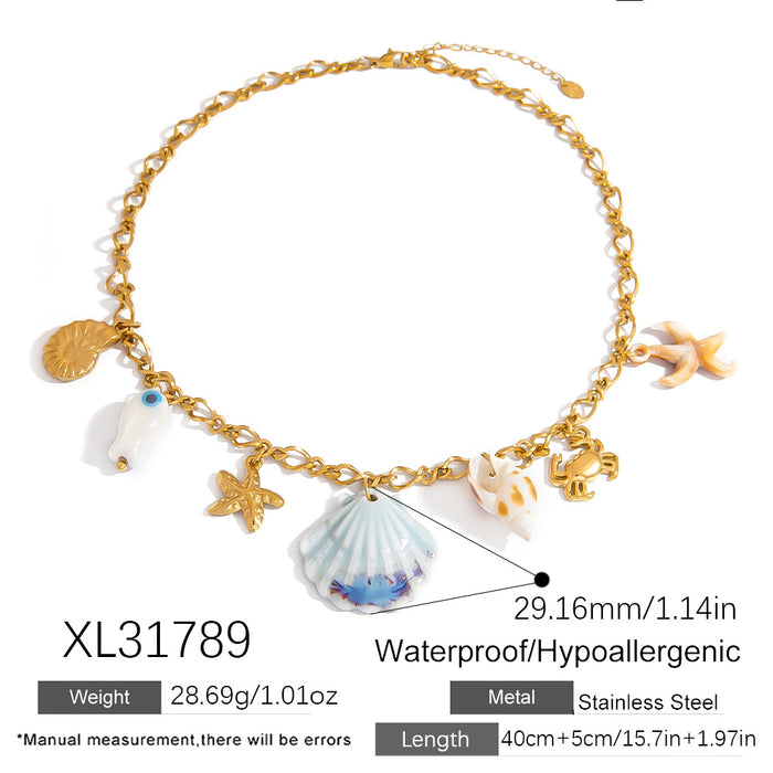 Wholesale Stainless Steel Necklace Exaggerated Big Fishtail Colorful Big Shell Ocean Style Multi-Element  Gold Clavicle Chain