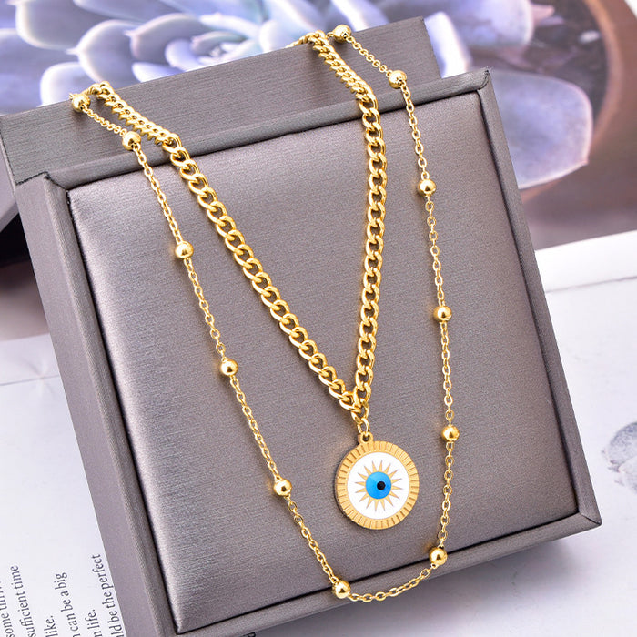 Wholesale Sunflower Blue Eye Round Plate Clavicle Pendant Double Layer Full Diamond Titanium Steel Thick Necklace JDC-NE-JinL003