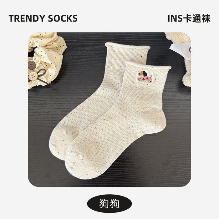 Wholesale Curled edge socks made of pure cotton, thin design, mid tube socks, sweat absorbing, odor proof, butterfly knot, versatile stacking socks