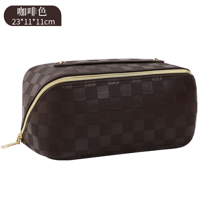 Wholesale PU Leather Makeup Bag Checkered Pillow Bag Large Capacity Toilet Bag Multi functional Waterproof Storage Bag