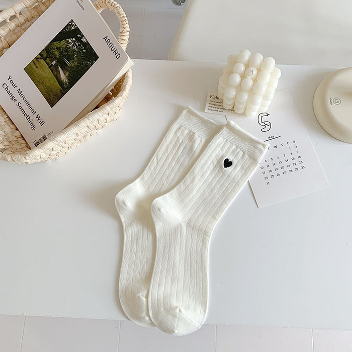 Wholesale New socks with rolled edges, stacked socks, cotton, heart-shaped embroidery, versatile