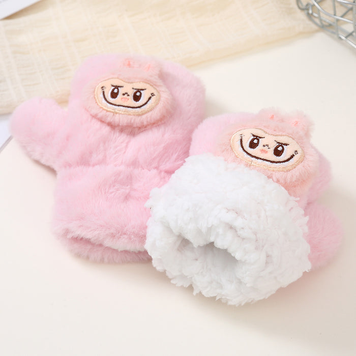 Wholesale Cute cartoon-style faux rabbit fur thickened kids' gloves with drawstring to prevent loss