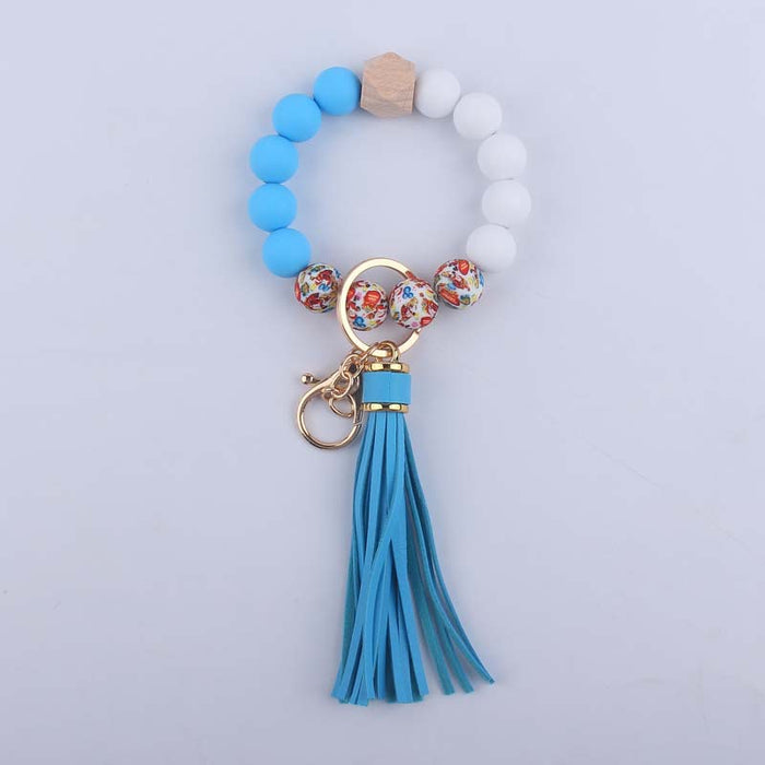 Wholesale Silicone leopard beads wrist keychain pendant leather PU tassel beaded bracelet accessories