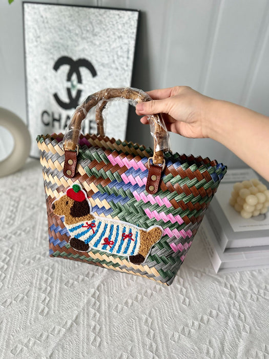 Wholesale Dachshund Striped Straw Bag Retro Woven Vegetable Basket Small Square Bag Commuter Tote Bag Shoulder Bag Cross-Border