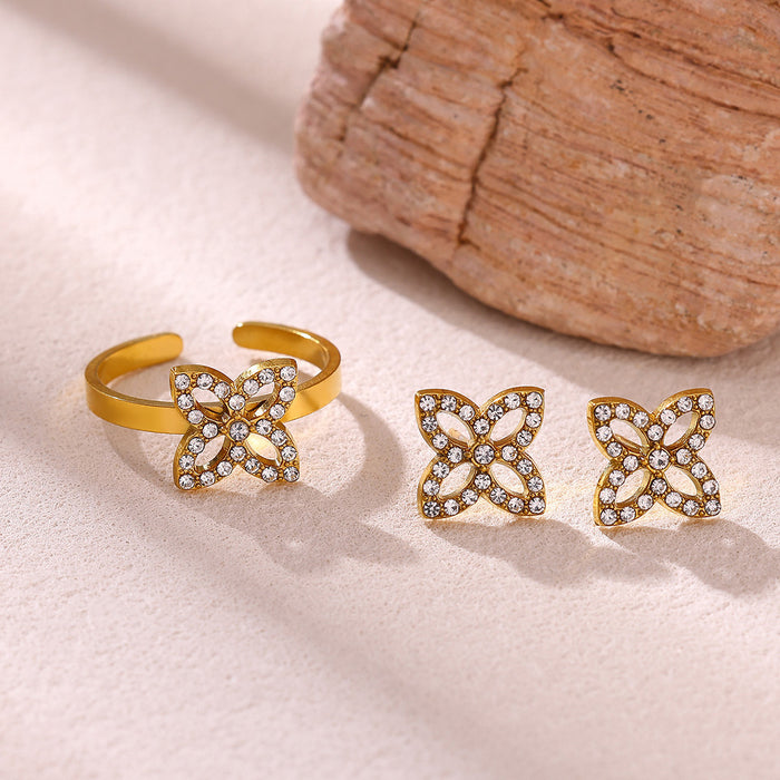 Wholesale Four-Leaf Clover Rhinestone Jewelry Set Stainless Steel Earring Necklace Ring Set