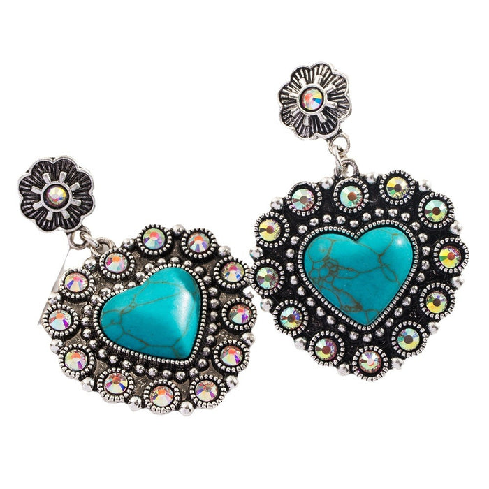 Wholesale Vintage alloy antique silver plated earrings with turquoise heart-shaped pendants