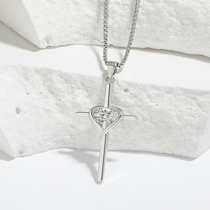 Wholesale heart-shaped stone clavicle chain  retro cold wind faith cross necklace