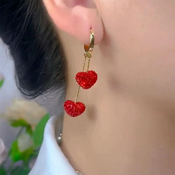 Wholesale Fashionable red heart-shaped long earrings with high-end, simple, versatile and exquisite full diamond earrings