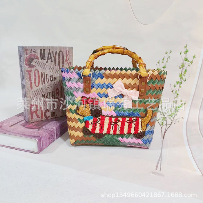 Wholesale Cute Cartoon Rags Woven Bag Imitation Straw Woven Bag Seaside Shoulder Handbag