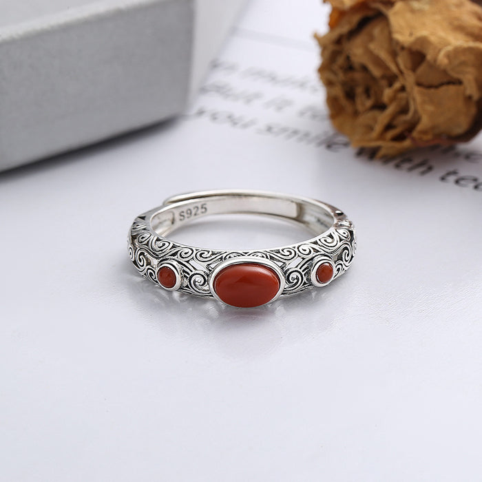 Wholesale Pure silver hollow inlaid agate ring, vintage artistic ring