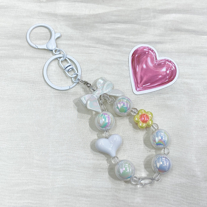 Wholesale White Metal Heart Beaded Keychain - Cute Bag Charm Decorative MOQ≥2