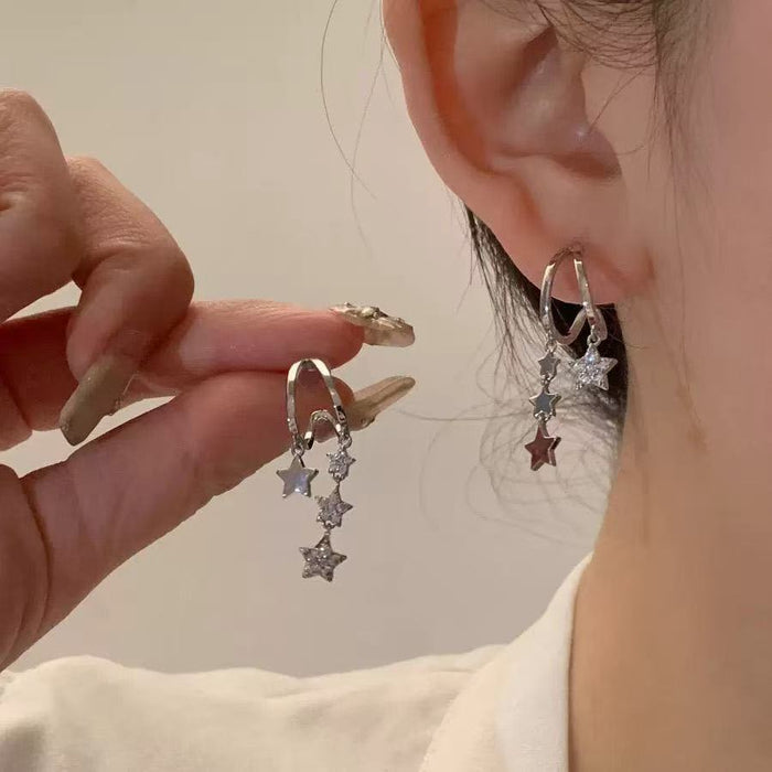 Wholesale Exquisite tassel studded diamond pentagram asymmetrical earrings, light luxury niche design, versatile earrings