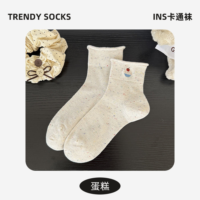 Wholesale Curled edge socks made of pure cotton, thin design, mid tube socks, sweat absorbing, odor proof, butterfly knot, versatile stacking socks
