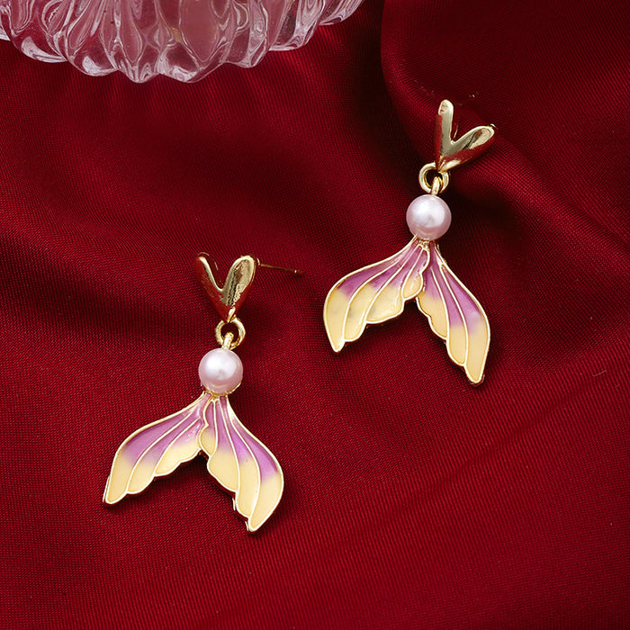 Wholesale Silver needle  oil gradient purple fishtail love pearl earrings