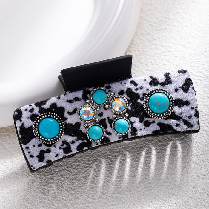 Wholesale Bohemian Turquoise Western Grabber Retro Leopard Sequin Leather Ethnic Style Shark Clip
