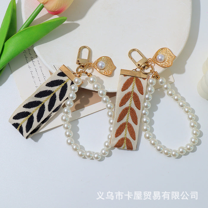 Wholesale Ribbon car alloy keychain pendant creative leaf striped pearl accessory bag decoration